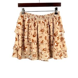 Willow Skirt Beige with Floral Tiered Ruffle Elastic Waist Mini Small